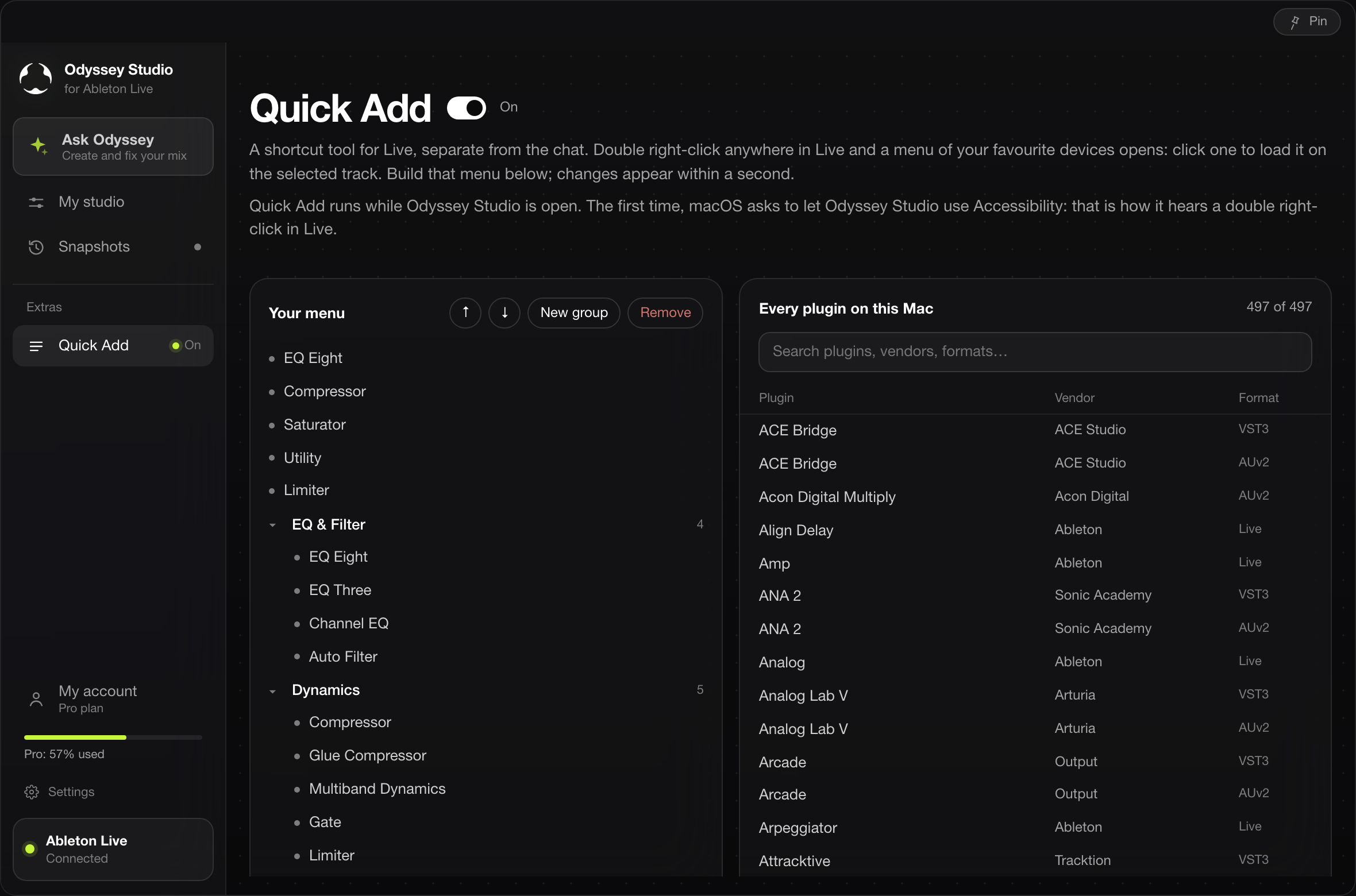 Quick Add editor in Odyssey Studio: the double right-click menu on the left, every plugin on the Mac on the right