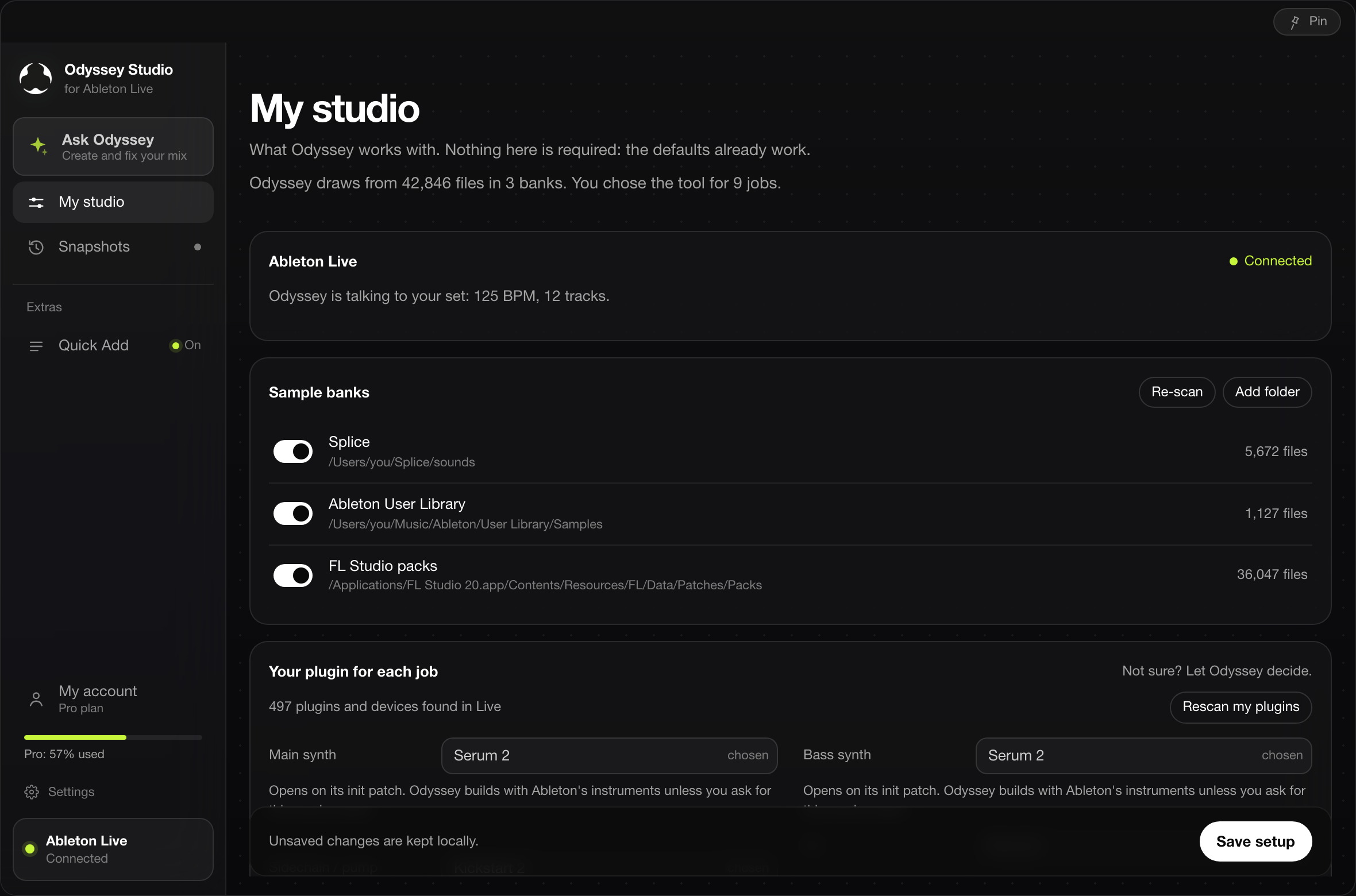 My studio in Odyssey Studio: Live connected, 42,846 sample files indexed, 497 plugins and devices found, and a chosen plugin for each job